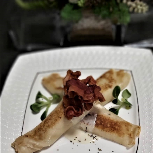 Pancakes with cheese and bacon